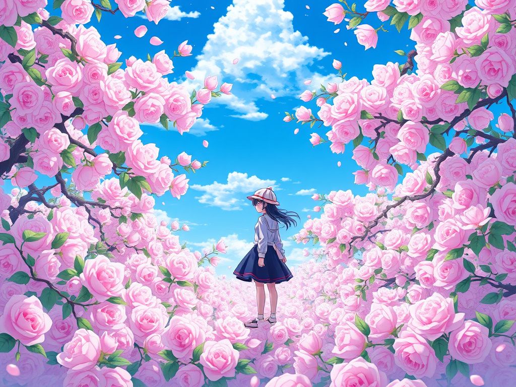 少女站在樱花与玫瑰花海中的动漫场景
