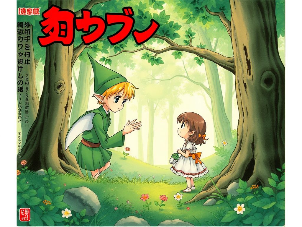 森林精灵与小女孩在绿色森林中相遇的经典日漫封面